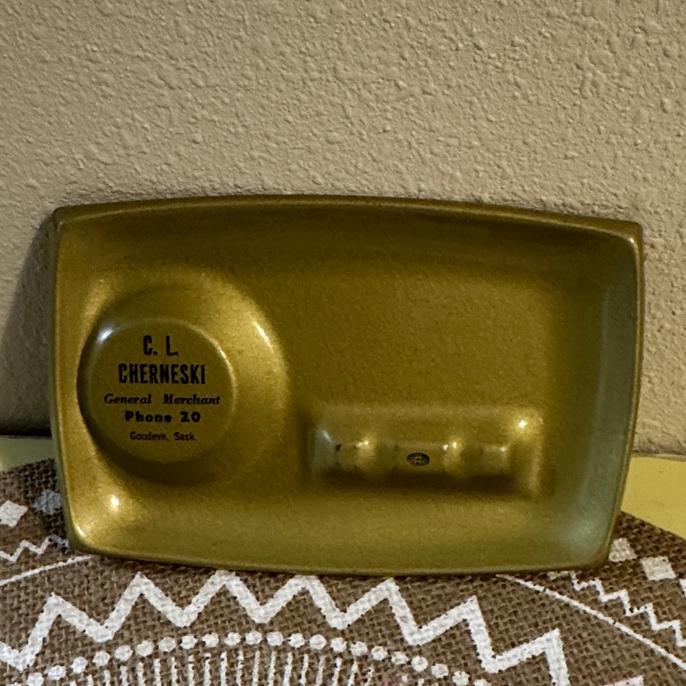 Gold painted Metal vintage Tray with CL Cherneski General Merchant Canada
